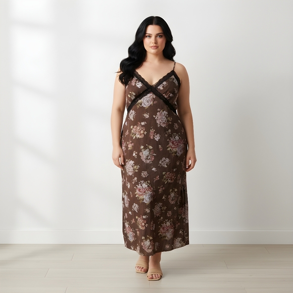 Brock Collection for H&M Dresses & Skirts - H&M Brock Collection Brown Floral Maxi Slip Dress Size XL Lace Romantic